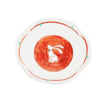 九谷焼　耳長うさぎ文様木瓜（もっこう）三・七寸皿