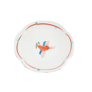 九谷焼　葉をくわえる鳥文様　木瓜（もっこう）・七寸皿