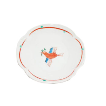 九谷焼　葉をくわえる鳥文様　木瓜（もっこう）・七寸皿